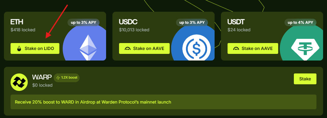 Select the currency to stake in YieldWard